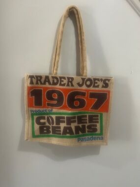 Trader Joe's Beige Jute Tote Bag with Orange & Green Print